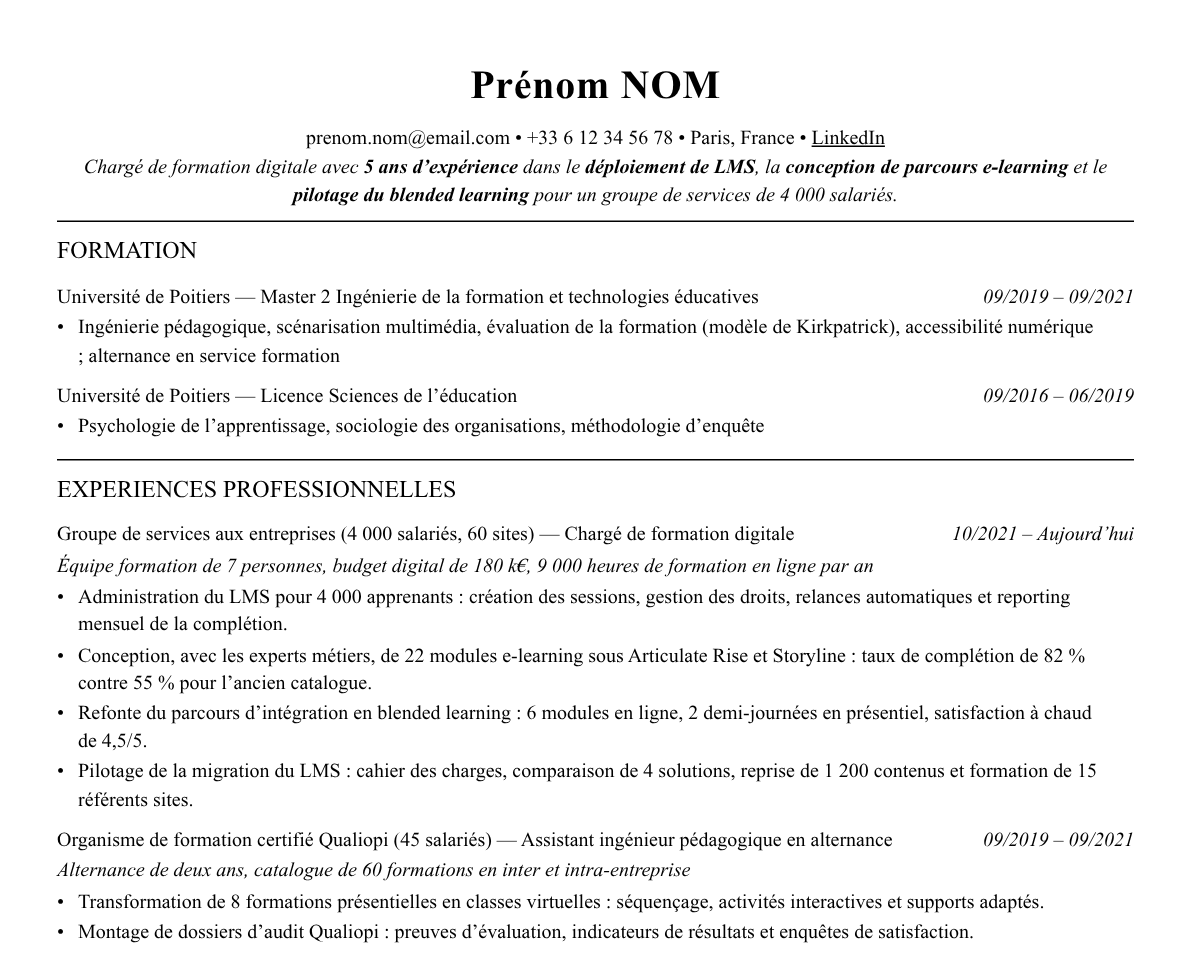 Aperçu : Exemple de CV Chargé·e de formation digitale