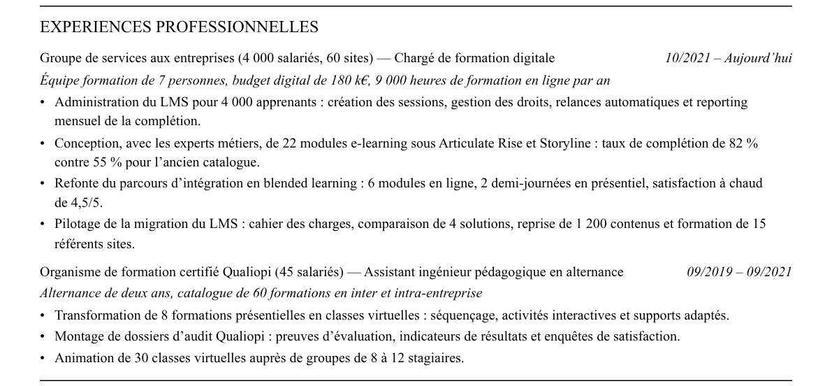 CV chargé·e de formation digitale : expériences