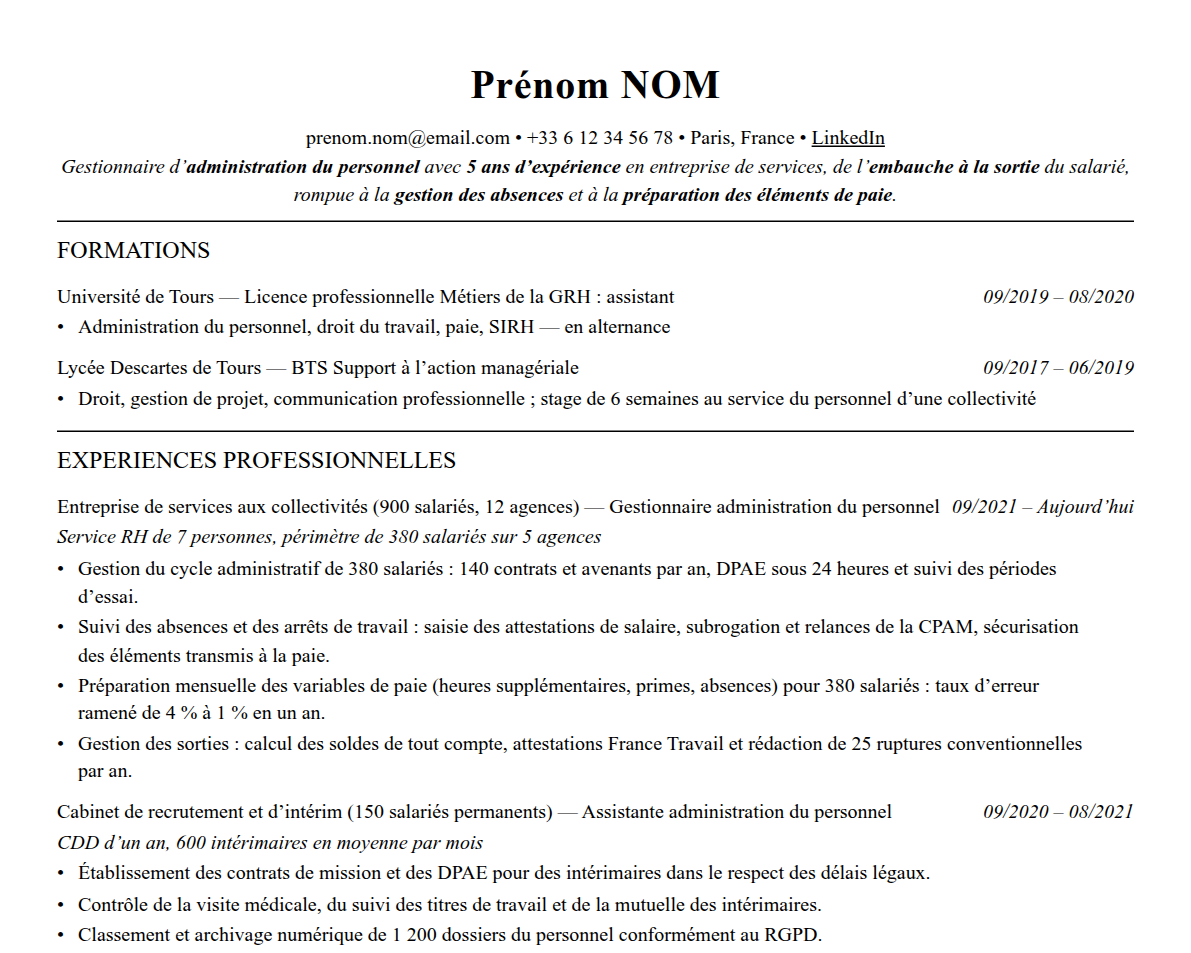 Aperçu : Exemple de CV Gestionnaire administration du personnel