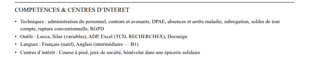 CV gestionnaire administration du personnel : compétences et centres d’intérêt