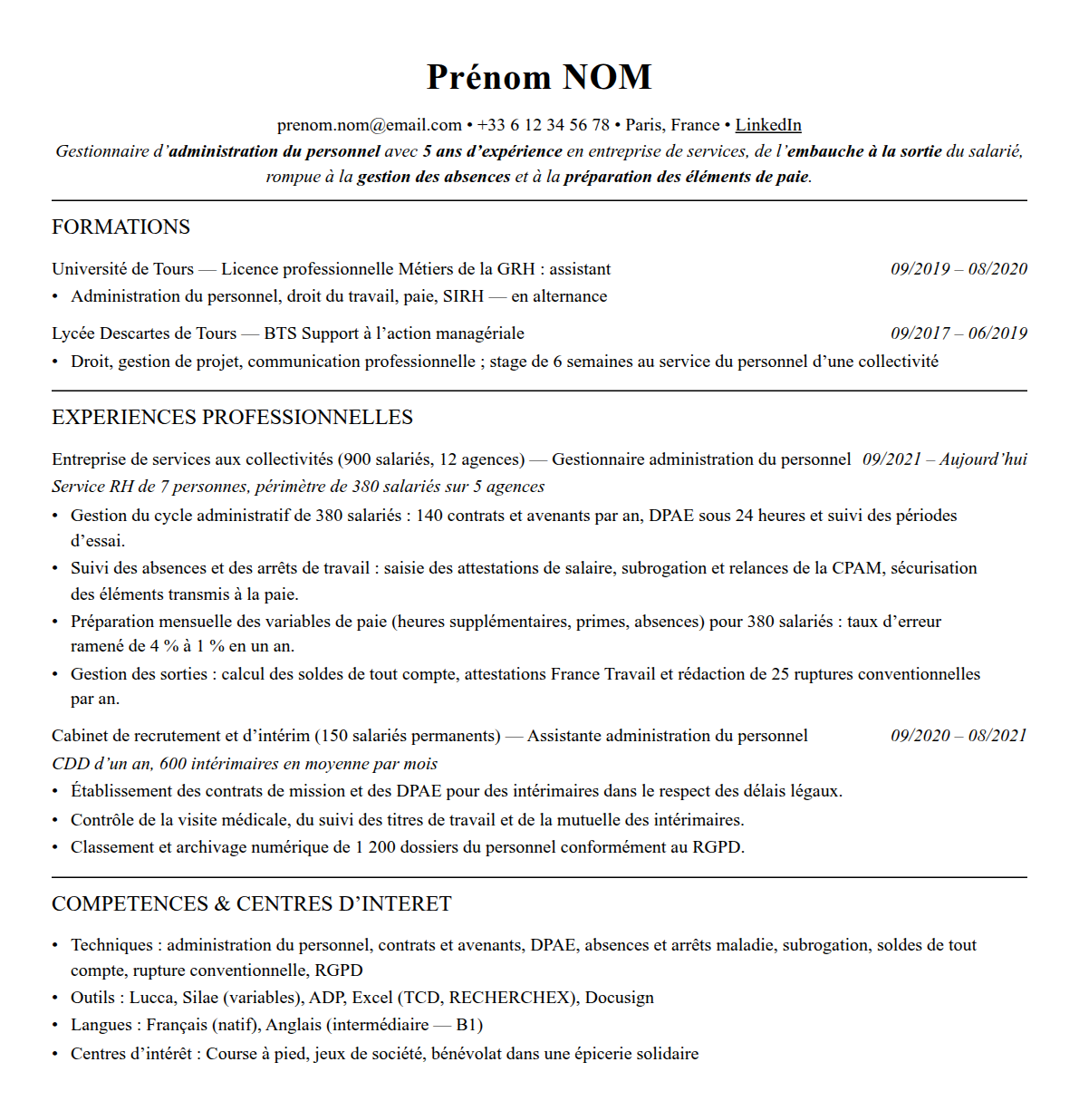 CV gestionnaire administration du personnel complet sur une page