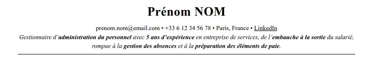 CV gestionnaire administration du personnel : en-tête et accroche