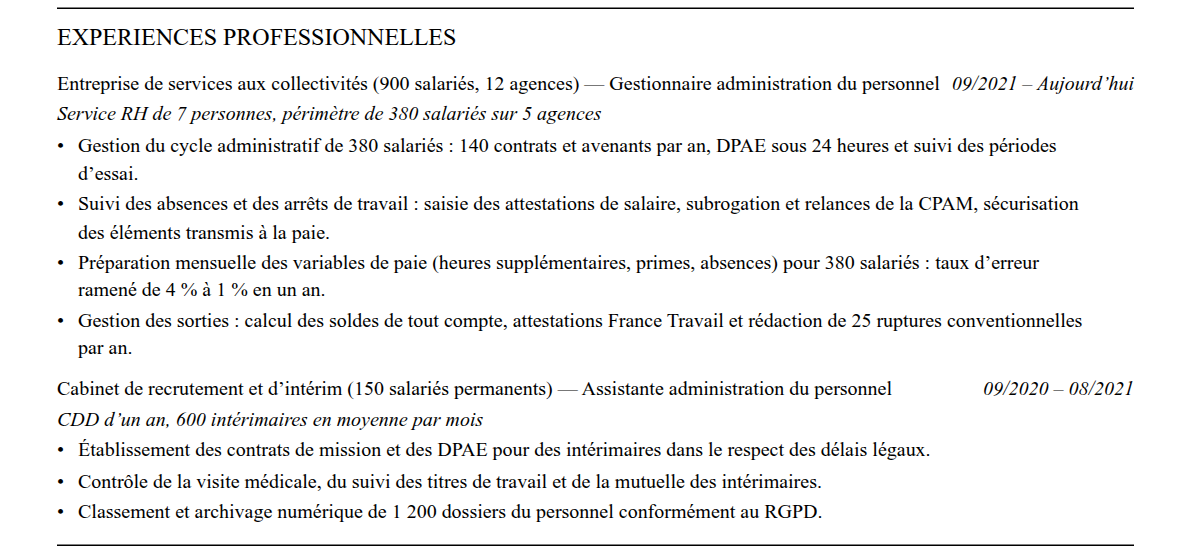 CV gestionnaire administration du personnel : expériences
