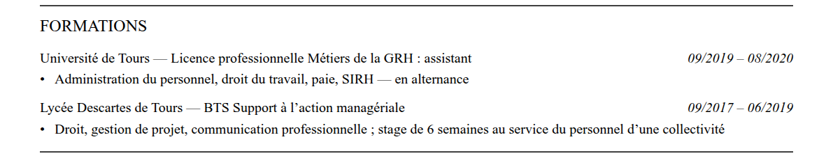 CV gestionnaire administration du personnel : formation