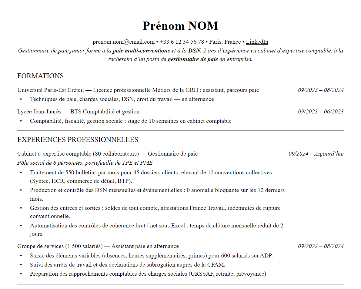 Aperçu : CV Gestionnaire de paie / Responsable paie : exemple, outils et certifications