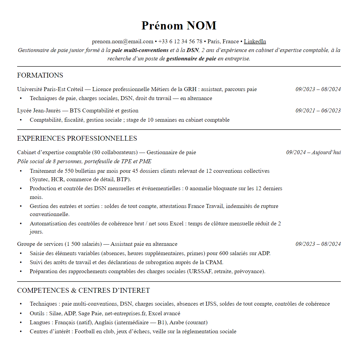 CV complet sur une page