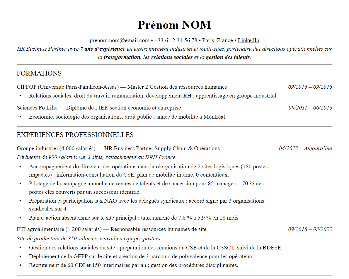 Aperçu : CV HRBP (HR Business Partner) : modèle commenté + erreurs à éviter