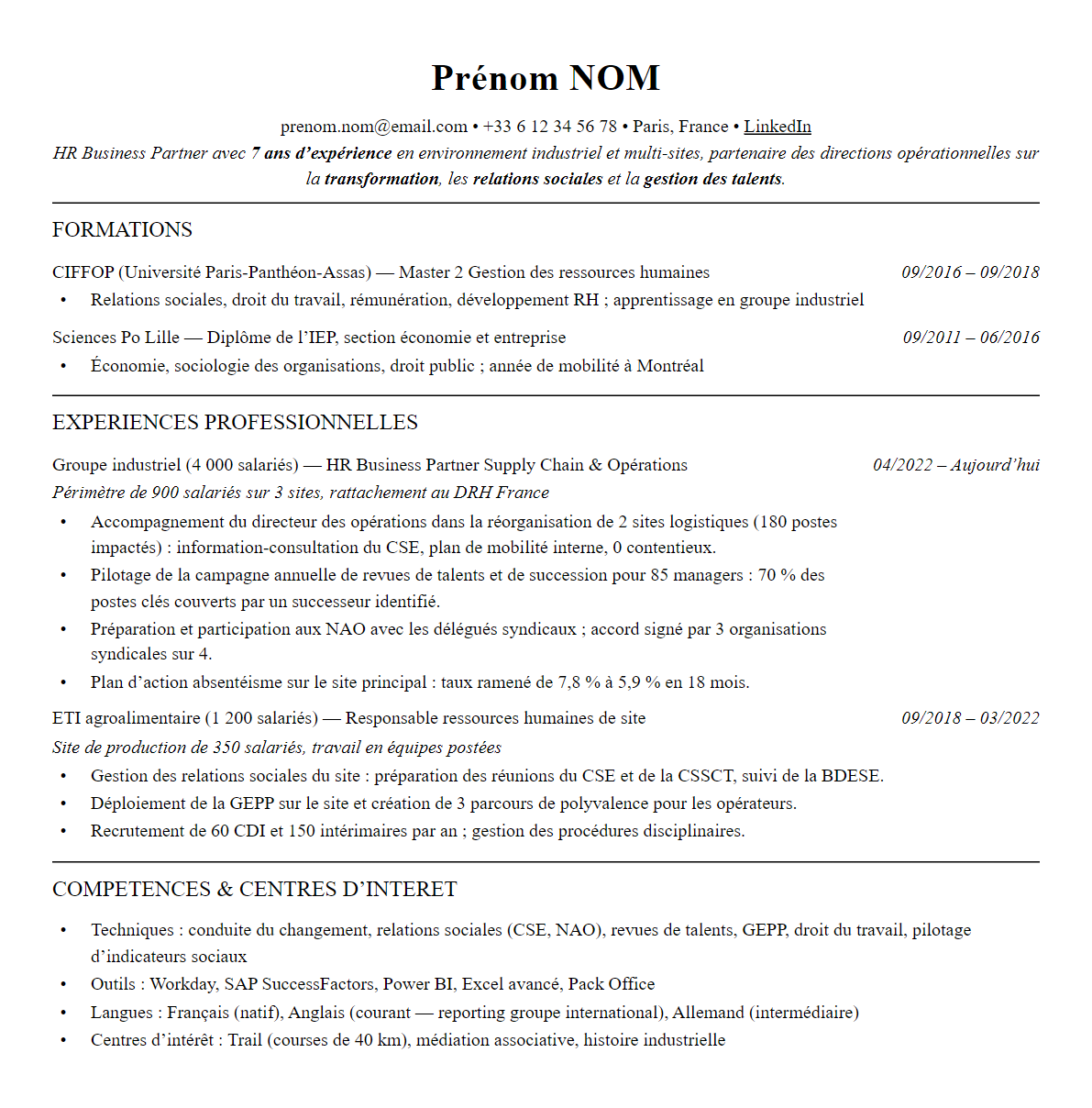 CV complet sur une page