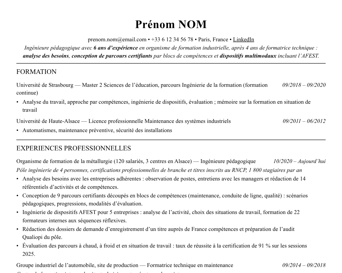 Aperçu : Exemple de CV Ingénieur·e pédagogique
