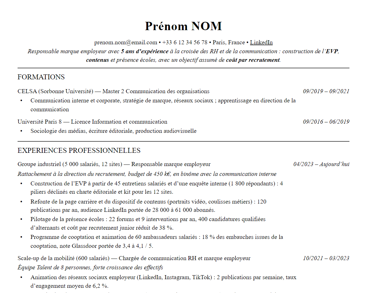 Aperçu : Exemple de CV Responsable marque employeur