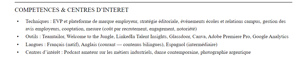 CV responsable marque employeur : compétences et centres d’intérêt