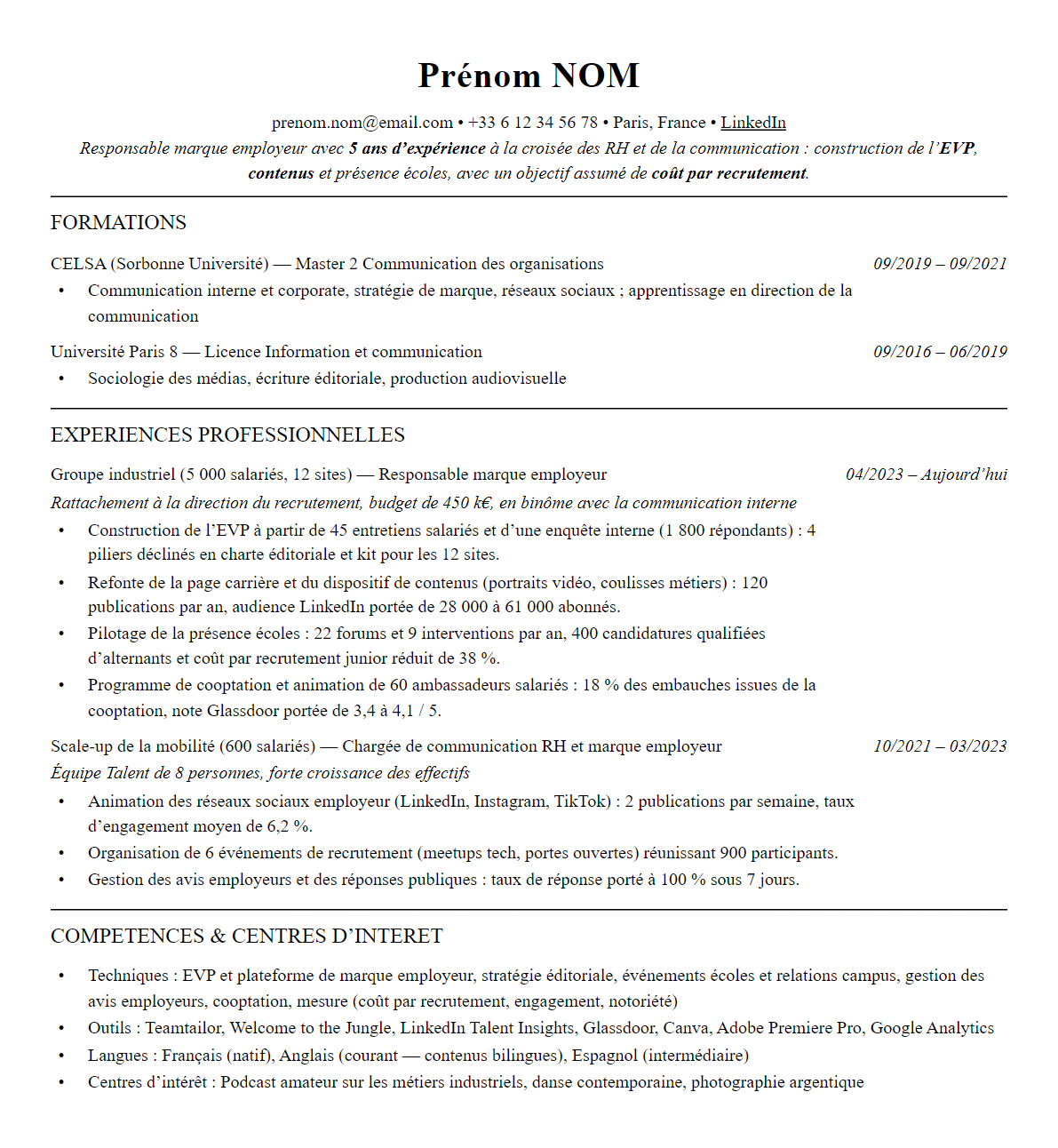 CV responsable marque employeur complet sur une page