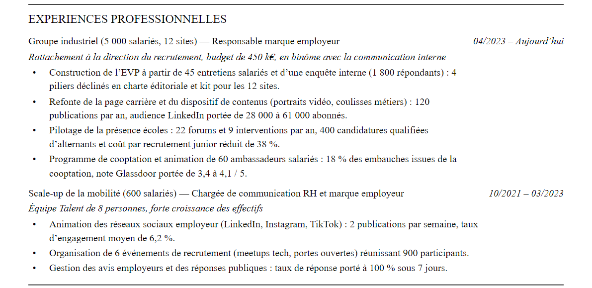 CV responsable marque employeur : expériences