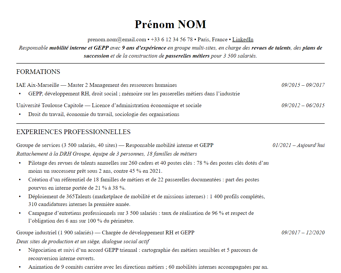 Aperçu : Exemple de CV Responsable mobilité interne et GEPP