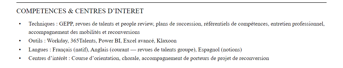 CV responsable mobilité interne et gepp : compétences et centres d’intérêt