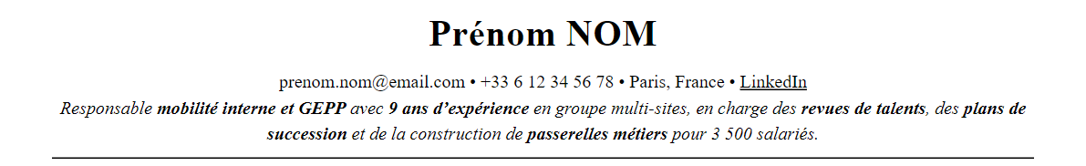 CV responsable mobilité interne et gepp : en-tête et accroche