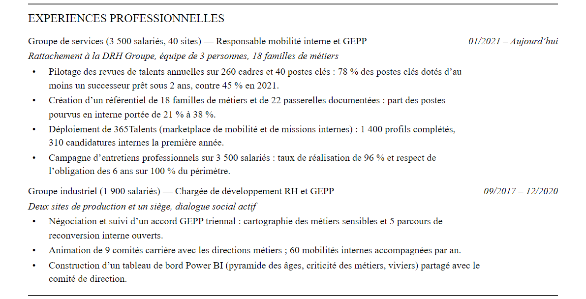 CV responsable mobilité interne et gepp : expériences