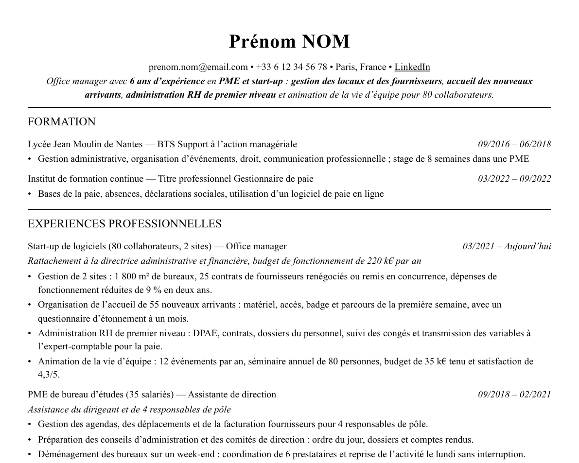 Aperçu : Exemple de CV Office manager