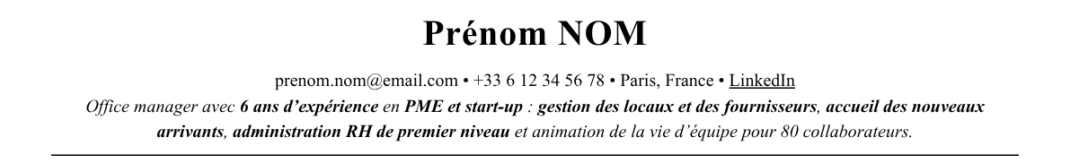 CV office manager : en-tête et accroche