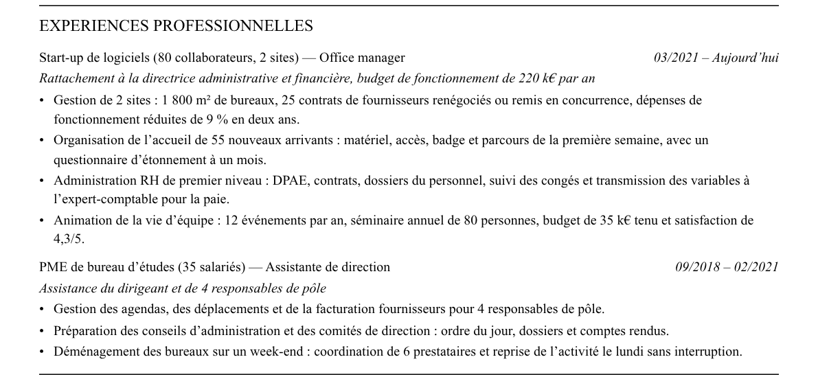 CV office manager : expériences