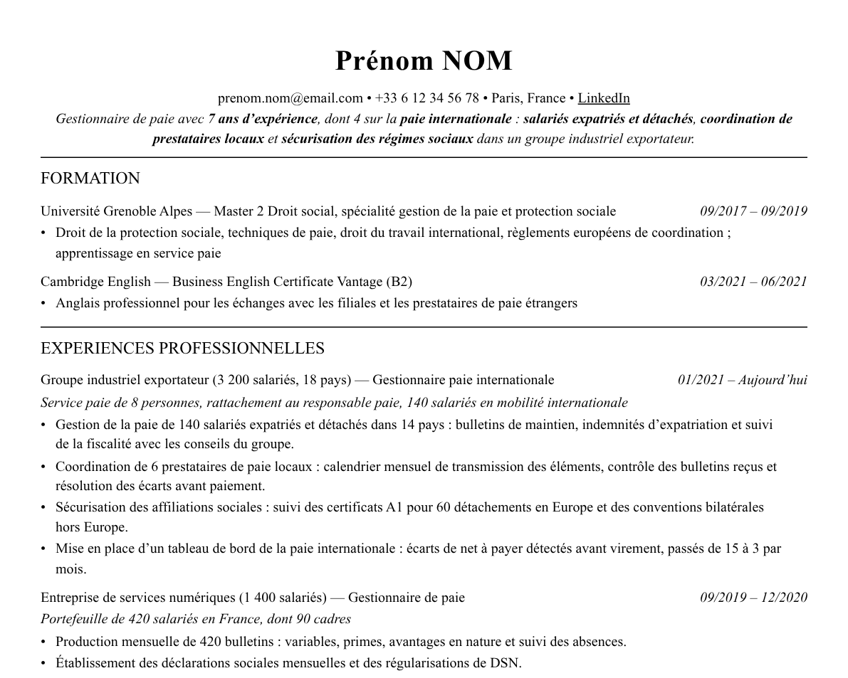 Aperçu : Exemple de CV Gestionnaire de paie internationale