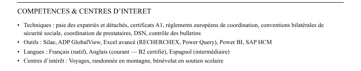 CV gestionnaire de paie internationale : compétences et centres d’intérêt