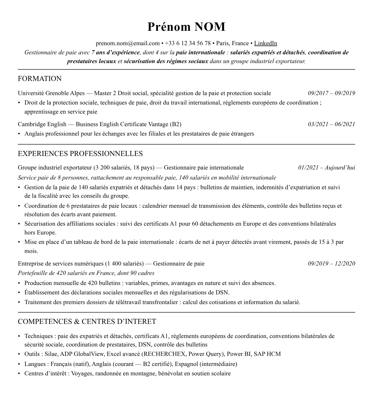 CV gestionnaire de paie internationale complet sur une page