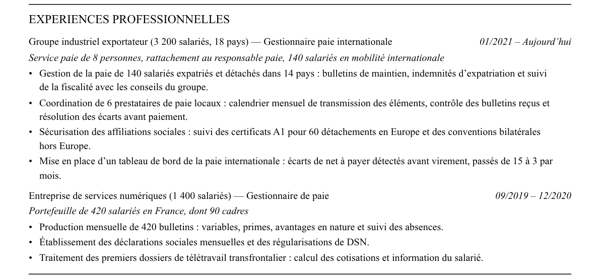 CV gestionnaire de paie internationale : expériences