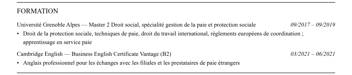CV gestionnaire de paie internationale : formation