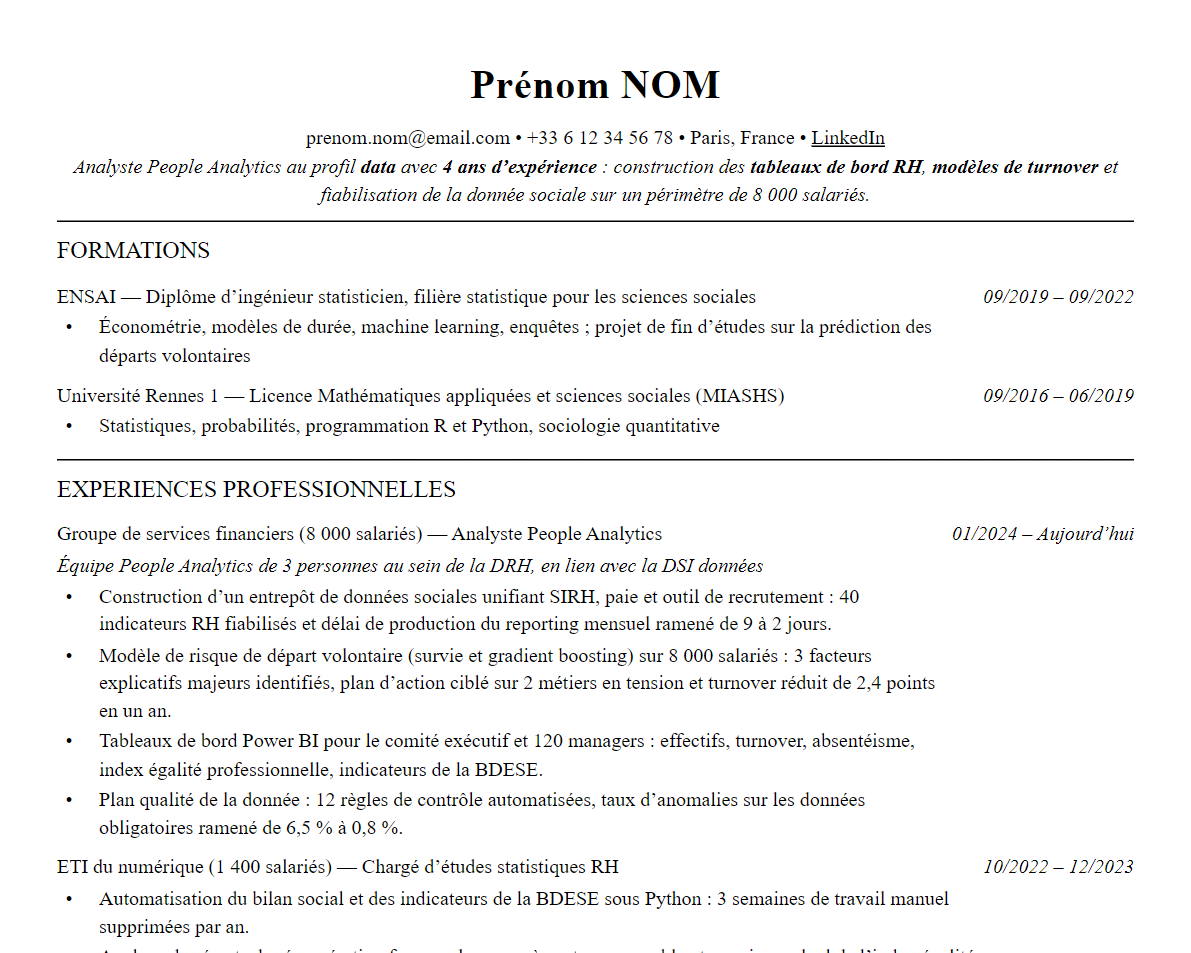 Aperçu : Exemple de CV Analyste People Analytics