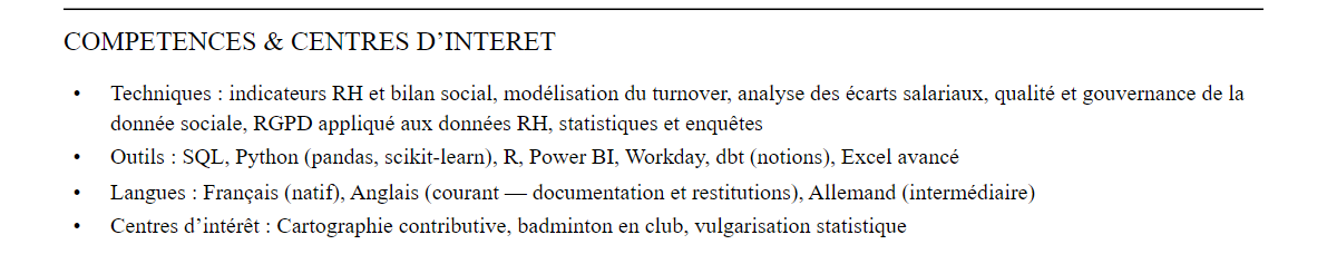 CV analyste people analytics : compétences et centres d’intérêt