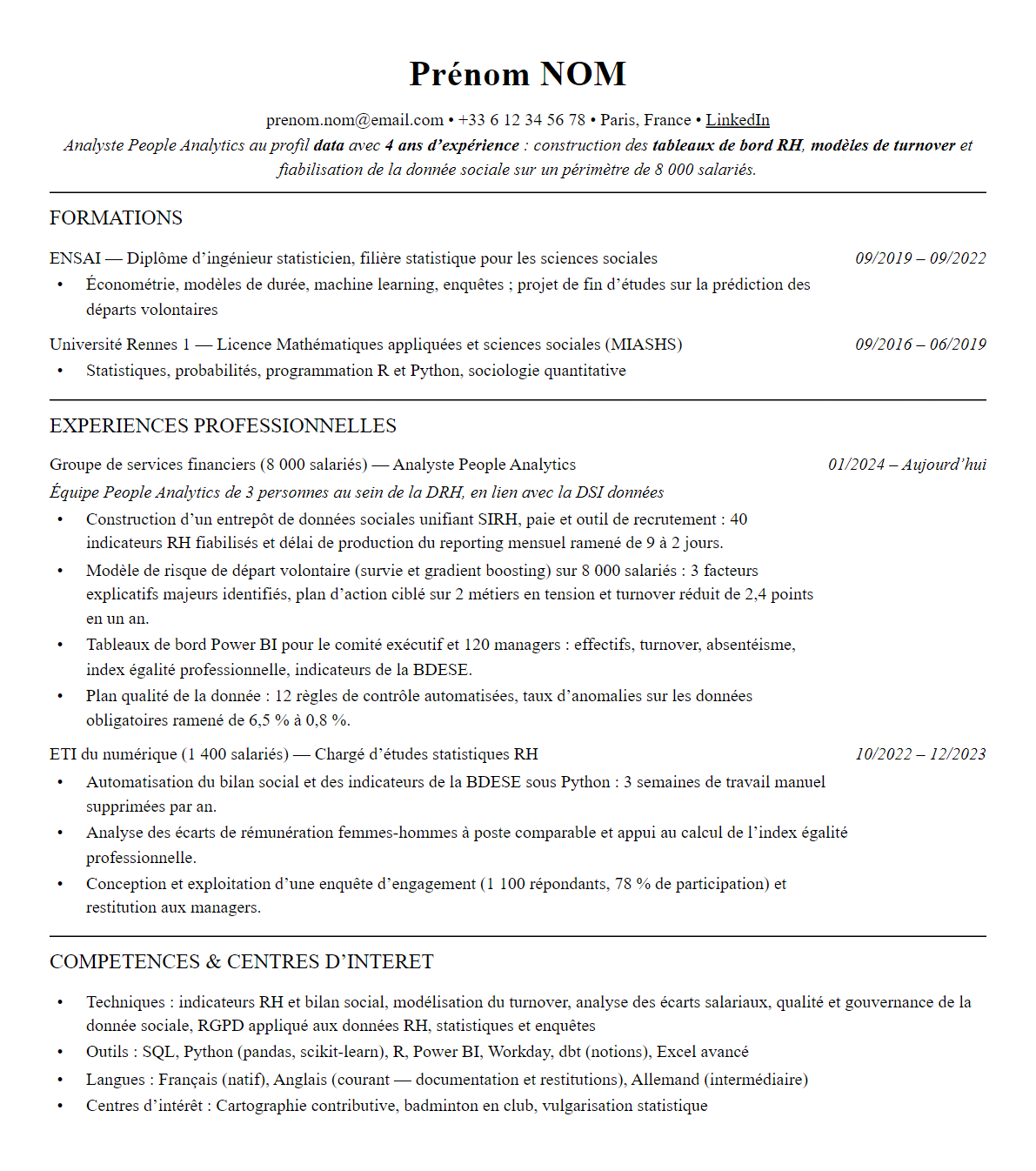 CV analyste people analytics complet sur une page