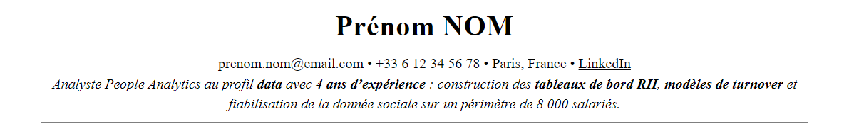 CV analyste people analytics : en-tête et accroche