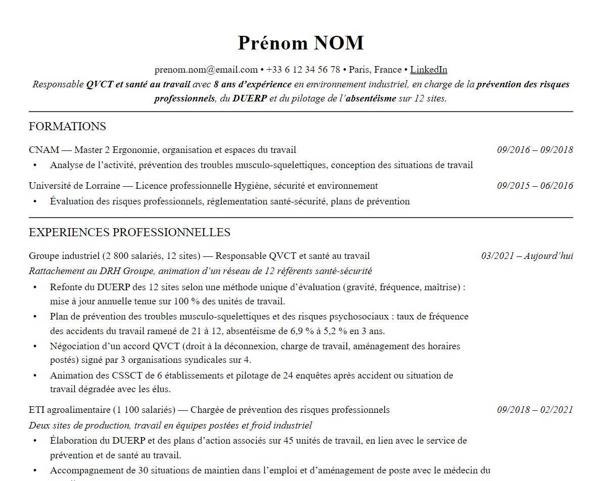 Aperçu : Exemple de CV Responsable QVCT et santé au travail