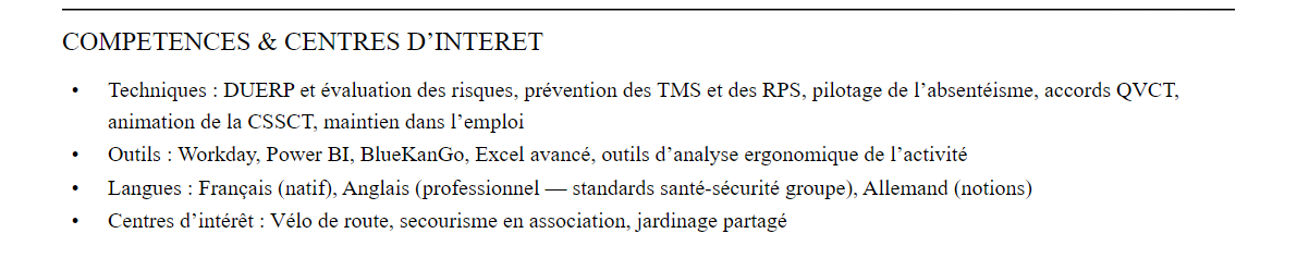 CV responsable qvct et santé au travail : compétences et centres d’intérêt