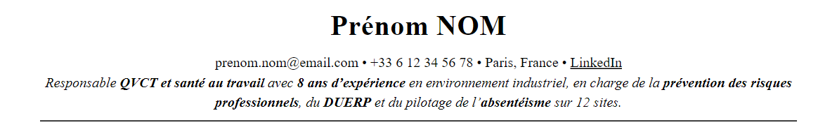 CV responsable qvct et santé au travail : en-tête et accroche