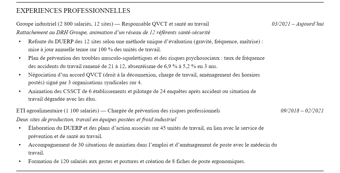 CV responsable qvct et santé au travail : expériences