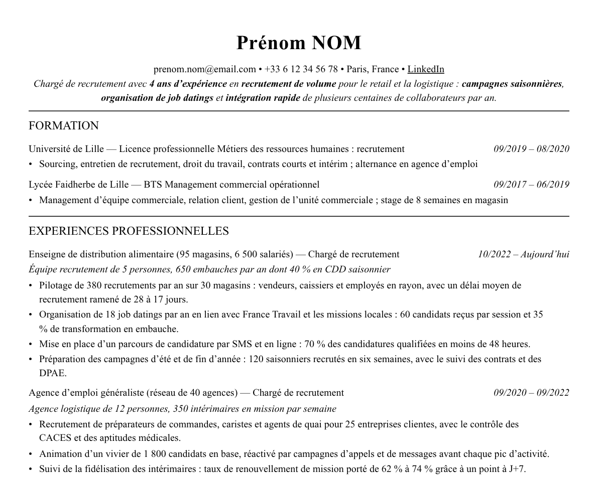 Aperçu : Exemple de CV Chargé·e de recrutement en volume