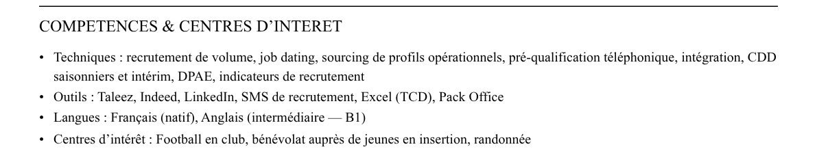 CV chargé·e de recrutement en volume : compétences et centres d’intérêt