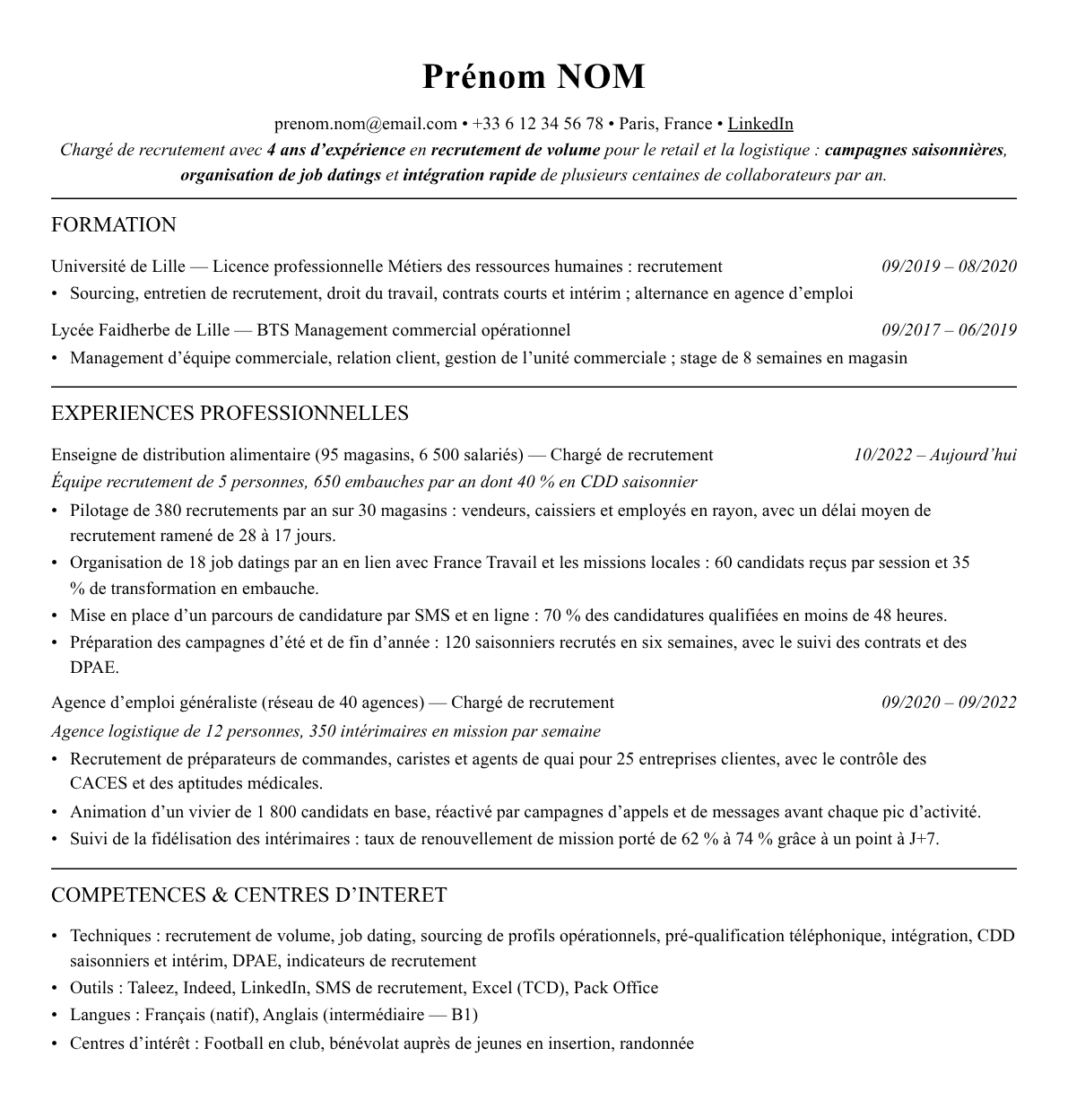 CV chargé·e de recrutement en volume complet sur une page