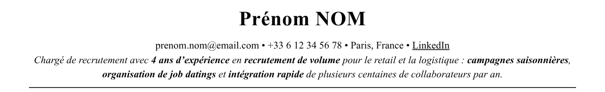 CV chargé·e de recrutement en volume : en-tête et accroche