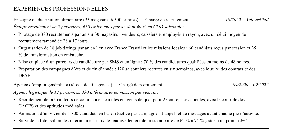 CV chargé·e de recrutement en volume : expériences