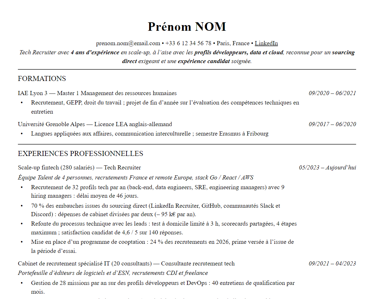 Aperçu : Exemple de CV Recruteur tech