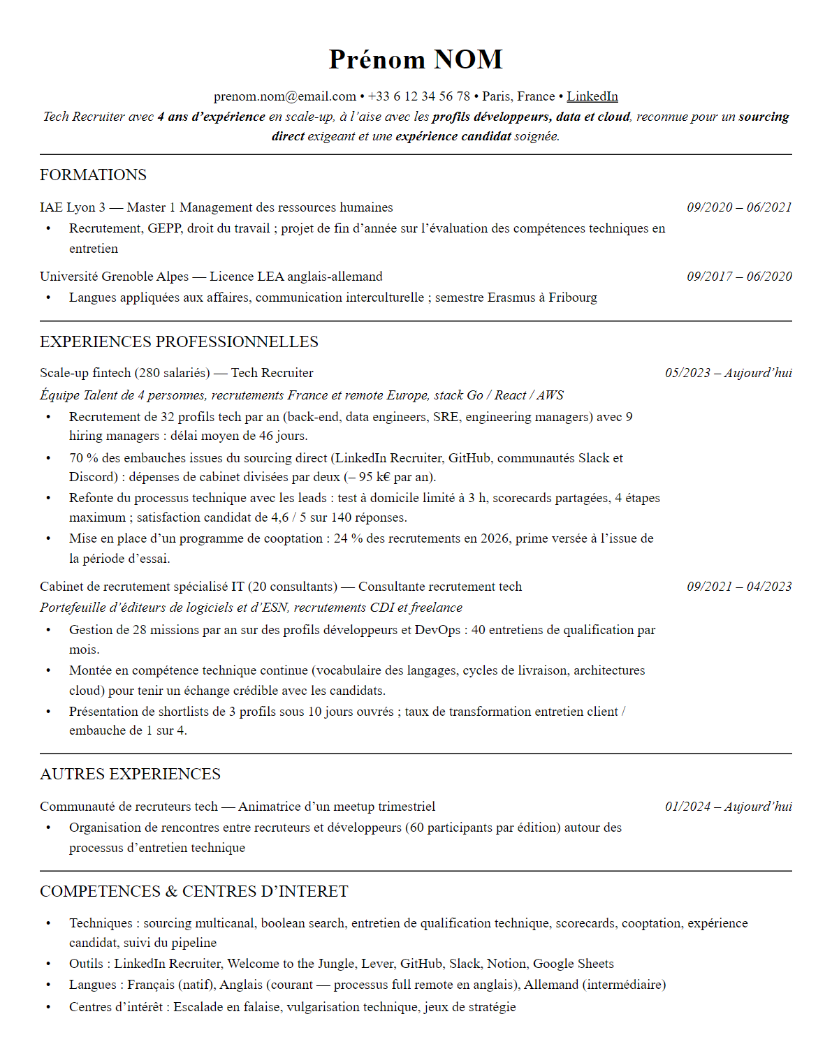 CV recruteur tech complet sur une page