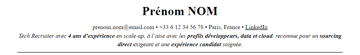 CV recruteur tech : en-tête et accroche