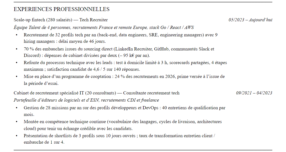 CV recruteur tech : expériences