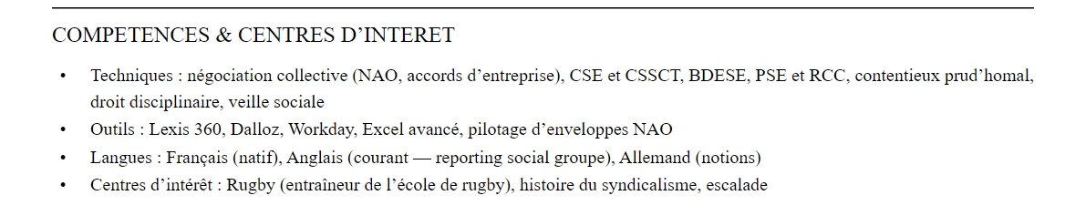 CV responsable relations sociales : compétences et centres d’intérêt