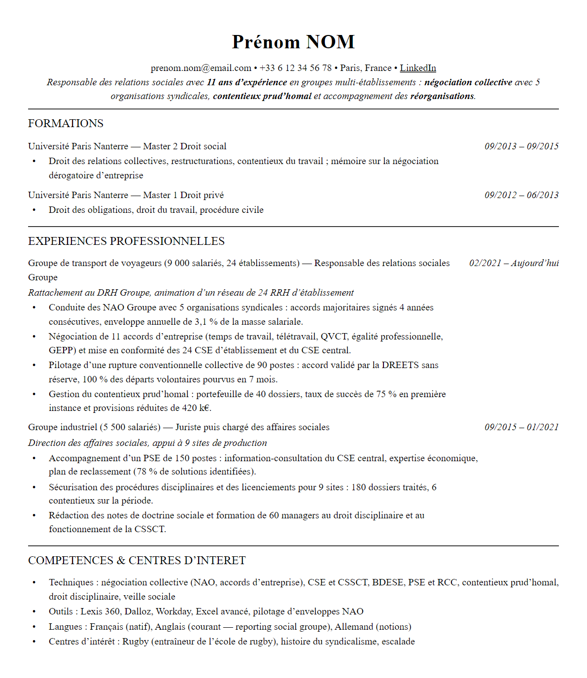 CV responsable relations sociales complet sur une page