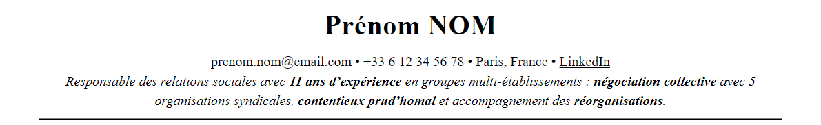 CV responsable relations sociales : en-tête et accroche