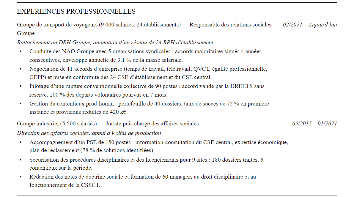 CV responsable relations sociales : expériences